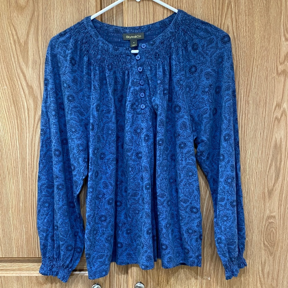 Style & Co Paisley Print Blue Peasant Blouse